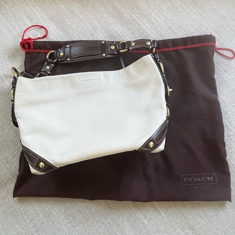 COACH Carly Cream Leather Hobo Handbag w/Brown Leather Trim and Brass Hardware - Picture 2 of 16